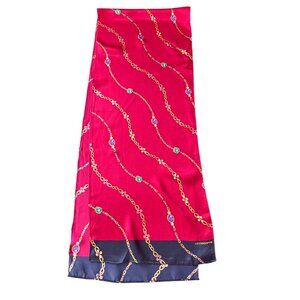 Liz Claiborne Red Silk Scarf With Gold Chain & Jewel Print Accents 56" x 11” Ele